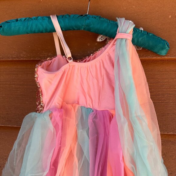 Sequin Dance Costume With Floral Applique & Multicolor Chiffon Skirt Girls Inter - Picture 8 of 10